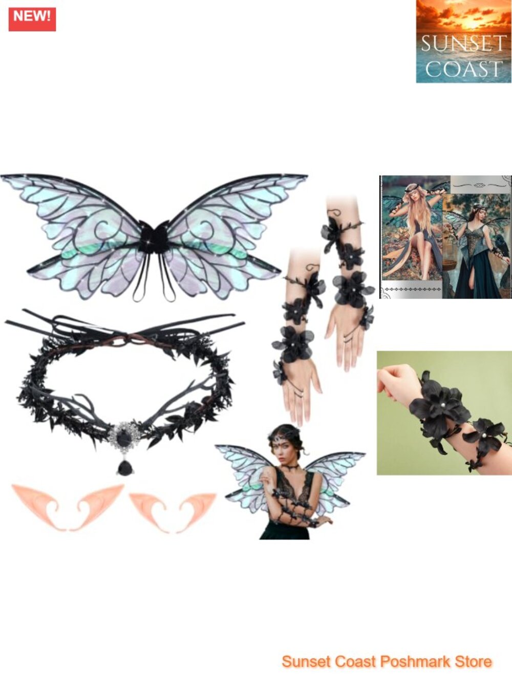 4 Pc Halloween Fairy Wing Costume Set Wings Ears Headband Armband